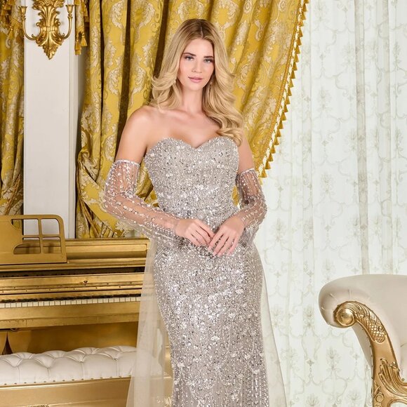 New Dark Silver Rhinestones Embellished Mother Of Bride Mesh Dress GL3705 - Picture 7 of 16